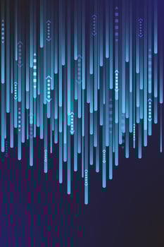 Abstract futuristic background with glowing blue vertical lines and arrows, representing data flow, technology, and digital movement on dark background. vector