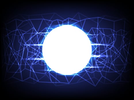 Bright glowing core with interconnected blue lines on a dark background, representing digital networks, technology, and energy flow. vector