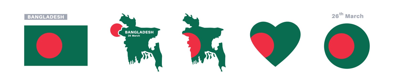 bangladesh flag and map set. bangladesh flag in official colors and proportions. independence day 26 march, map, circle and heart shaped bangladesh vector