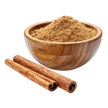 Cinnamon powder in a wooden bowl png