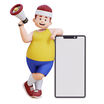 3D plus size overweight big man with megaphone and smartphone png