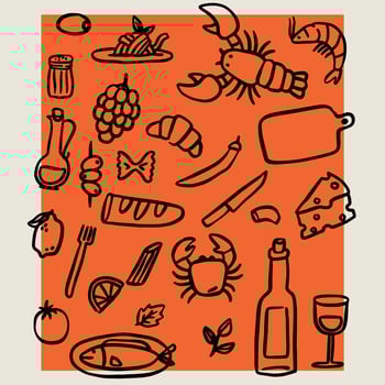 Set of doodle-style linear illustrations inspired by Italian cuisine. Elegant dining. vector