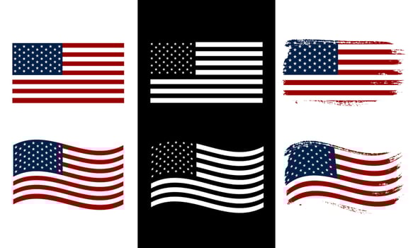 American flag set. USA Flag waving, flat, and grunge set. Isolated on white and black color. vector