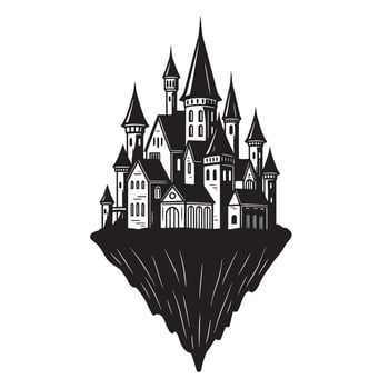 Magnificent vintage art silhouette illustration of a fantasy floating castle on white background vector