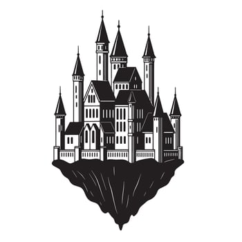 Fantasy castle illustration floating on a rock black and white vintage art silhouette vector