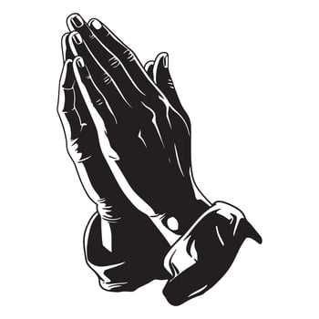 Black and white illustration of hands clasped in prayer on white background vector