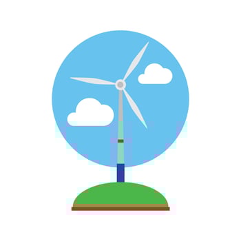 A wind turbine standing in a lush green field beneath a bright blue sky vector