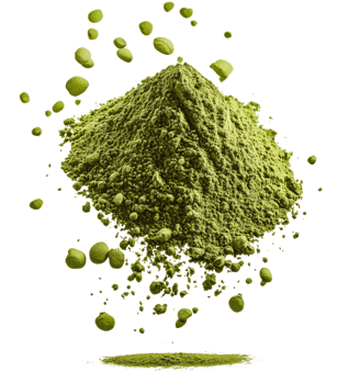 Green powder forms vibrant mound, surrounded by floating particles, showcasing its fine texture and rich color. This evokes sense of natural health and vitality. Isolated on transparent background png