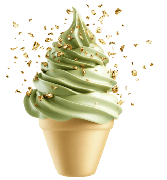 Matcha green tea ice cream topped with gold flakes, creating luxurious and enticing dessert experience. isolated on transparent background png