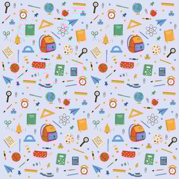 Colorful school supplies and backpack pattern vector