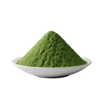 A generous mound of vibrant green matcha powder artfully arranged in a clean white ceramic bowl isolated on transparent background png