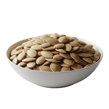 A white ceramic bowl filled with a generous portion of roasted pumpkin seeds isolated on transparent background png