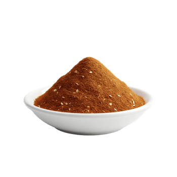 A white bowl filled with a mound of reddish brown spice mixture containing visible small white seeds isolated on transparent background png