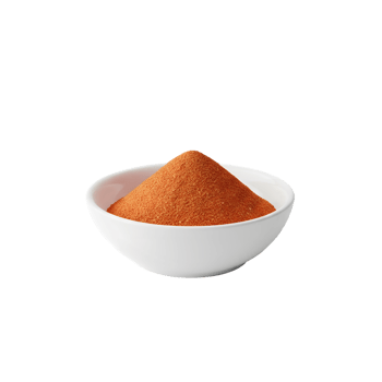 A white ceramic bowl filled with a vibrant orange spice powder forming a neat peak isolated on transparent background png