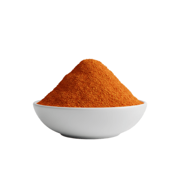 A white bowl filled with a vibrant orange spice powder creating a perfect conical mound isolated on transparent background png