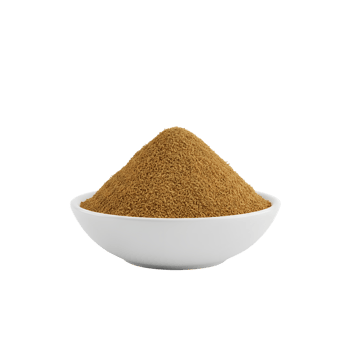 A white bowl filled with a generous mound of finely ground brown spice or powder isolated on transparent background png
