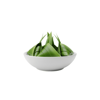 A white ceramic bowl filled with traditional green pandan leaf wrapped rice parcels presented on a transparent background for versatile design use isolated on transparent background png