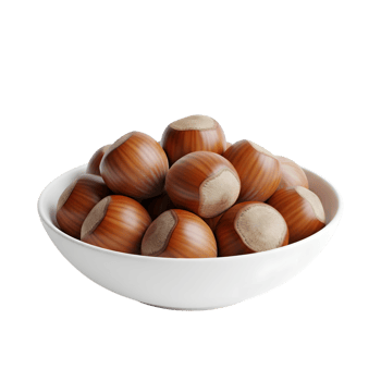 A generous white bowl overflowing with perfectly ripe brown shelled hazelnuts showcasing their natural texture and color isolated on transparent background png