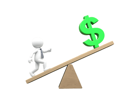 3D Businessman Balancing on SeeSaw with Dollar Sign Isolated on Transparent Background png