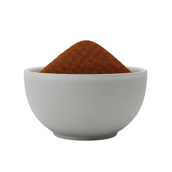 A white ceramic bowl filled to the brim with finely ground brown coffee powder creating a perfect cone shape isolated on transparent background png