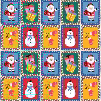 Christmas retro pattern with Santa, snowman, gift and mitten. vector