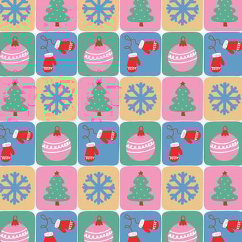 Christmas and New Year pattern of festive squares with tree, snowflake, mitten, and ornament for holiday season. vector