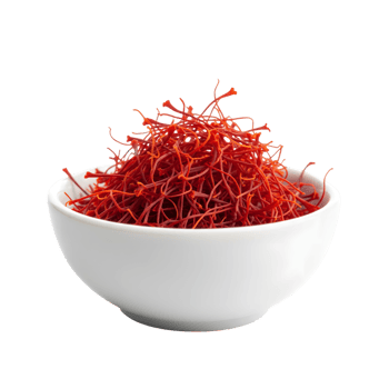 A white ceramic bowl filled with vibrant red saffron threads a precious spice isolated on transparent background png