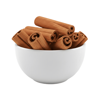 A white ceramic bowl overflowing with dried cinnamon sticks showcasing their warm brown color and rolled texture isolated on transparent background png