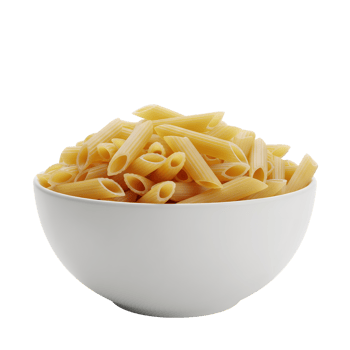 A white ceramic bowl filled with uncooked penne rigate pasta showcasing its textured surface and hollow tubes isolated on transparent background png