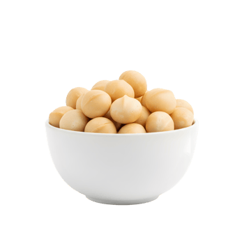 A white ceramic bowl filled with a generous serving of whole shelled macadamia nuts isolated on transparent background png
