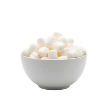 A white ceramic bowl overflowing with soft fluffy white marshmallows piled high isolated on transparent background png