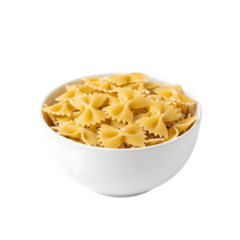 A white bowl filled with dry farfalle pasta showcasing its distinctive bow tie shape and golden hue isolated on transparent background png
