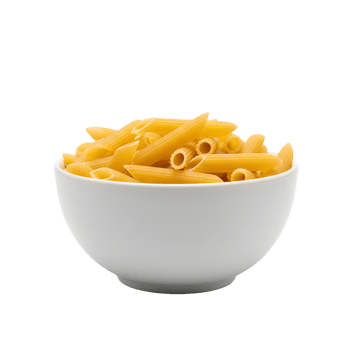 A white bowl filled with uncooked penne rigate pasta showcasing its tubular shape and ridges isolated on transparent background png