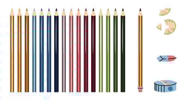 Colored Pencils Set with Sharpener, Eraser and Pencil Shavings in Flat Design. Artist Kit for Drawing, School Projects and Hobbies. Ideal for Art Supply Branding, Educational Materials vector