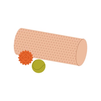 Myofascial release. Massage balls and foam roller. MFR equipment. Fascia and muscle relaxation after sports and fitness. Health care, rehabilitation. Flat illustration isolated on white vector