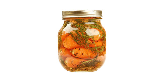 Jar of pickled carrots with spices and herbs isolated on transparent background png