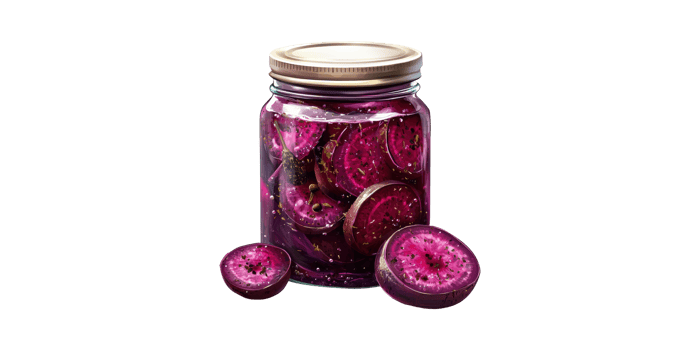 Jar of sliced purple fruit preserved in liquid isolated on transparent background png