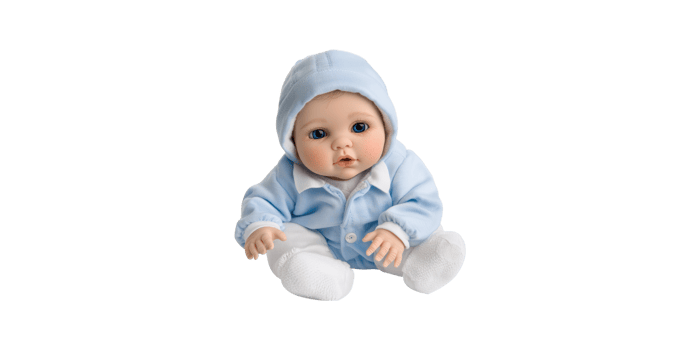 Baby doll wearing blue outfit sitting isolated on transparent background png
