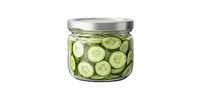 Glass jar filled with sliced cucumbers isolated on transparent background png