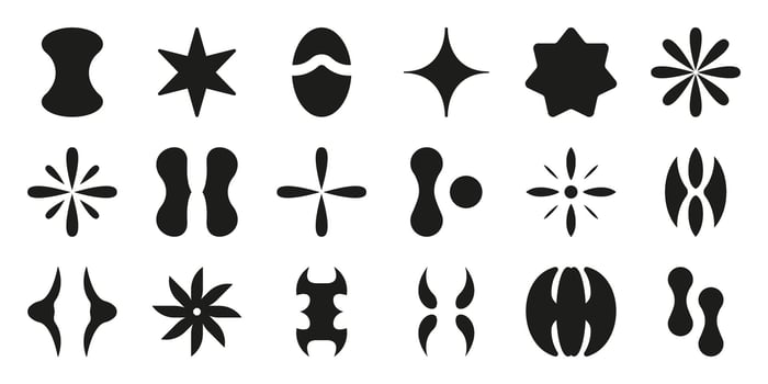 Abstract Geometric Shapes Solid Icon Set. Creative Design Elements And Pattern Silhouette Symbol Collection. Modern Art, Decoration, And Graphic Design. Isolated Illustration vector