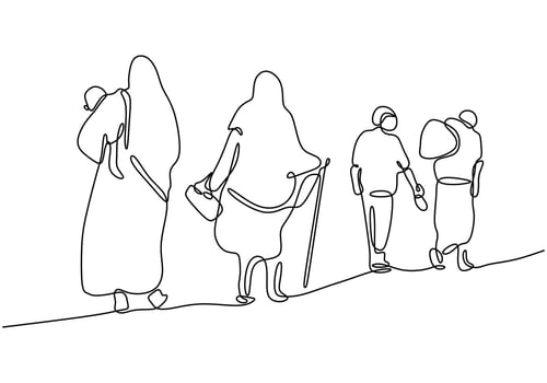 Group of muslim immigrants walking drawing vector