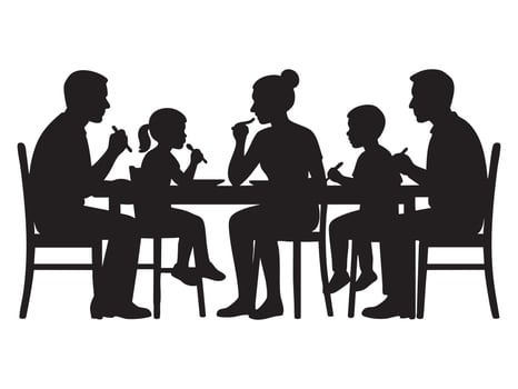 Black silhouette of family dining together at table, isolated on white background, graphic illustration. concept of family meal, togetherness, parents with children, design element vector