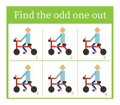 Puzzle game for kids. Task for development of attention and logic. Cartoon biker. vector