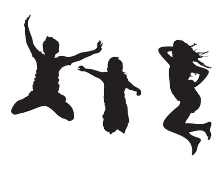 Silhouette of Three People Jumping in Air Isolated on White Background vector