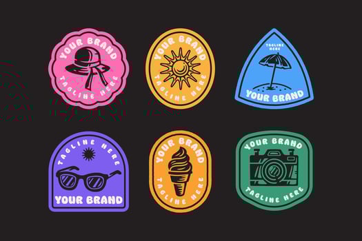 beach picnic items vintage badge logo set with sunhat, sun, beach umbrella, glasses, ice cream, camera. summer holiday retro label patch sticker collection including beach items, drinks, treats vector