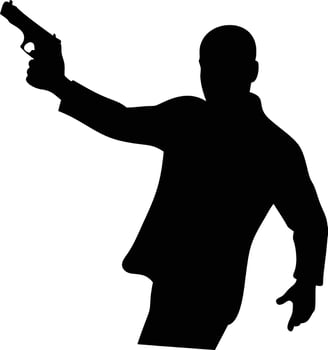 Mysterious Man in Suit Aims Gun Dramatic Silhouette Against White Background, Tense and Ominous - Professional digital artwork with vibrant colors and detailed composition vector