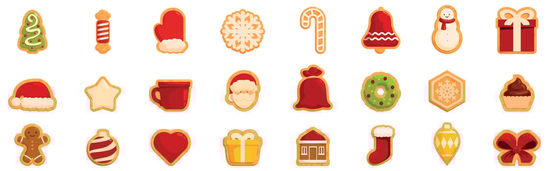 Christmas themed cookies icons set. Delicious christmas cookies representing traditional symbols celebrating winter holidays vector