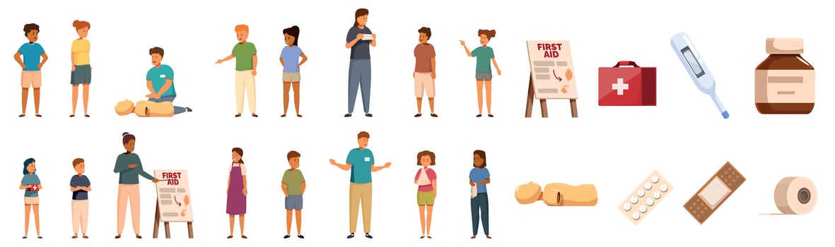 Children learning first aid icons set. Kids learning first aid procedures with instructor and medical equipment vector
