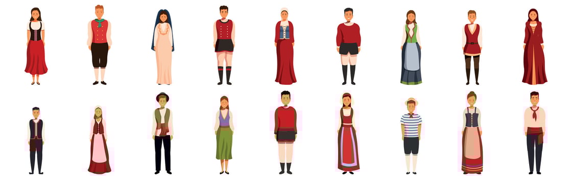 Italian traditional clothing icons set. People wearing traditional italian clothes representing different regions and eras vector
