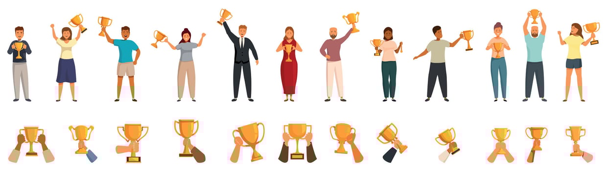 Holding trophy icons set. Successful business people holding golden trophy cup celebrating victory vector